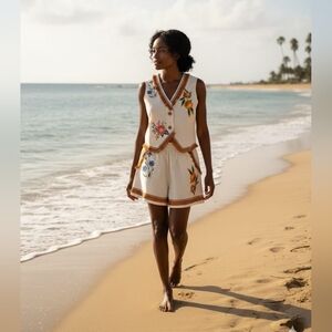 Floral Embroidered Beige With Mostard Ftinged Trims Set